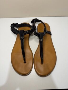 Forever Black Braided T-Strap Sandals with Brown Footbed